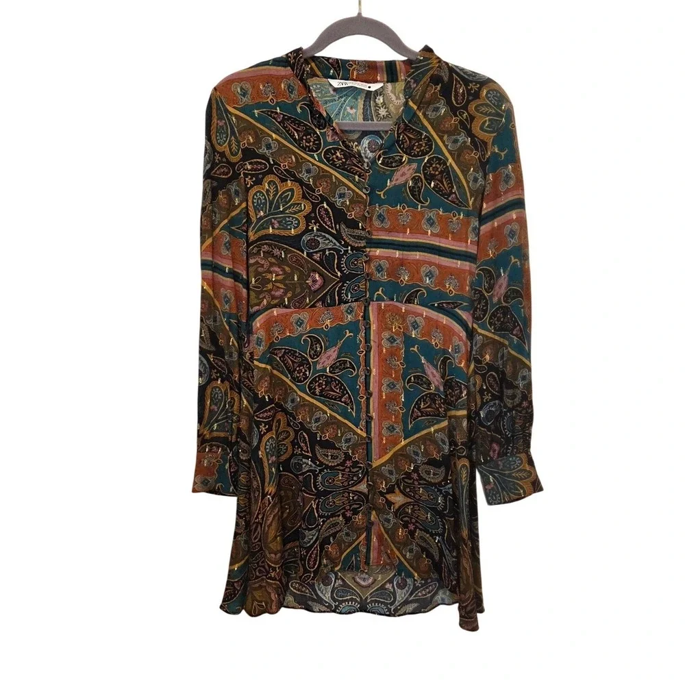 Zara Paisley Print Shirt Dress Size‎ Small Button Up Long Sleeve Tunic Boho